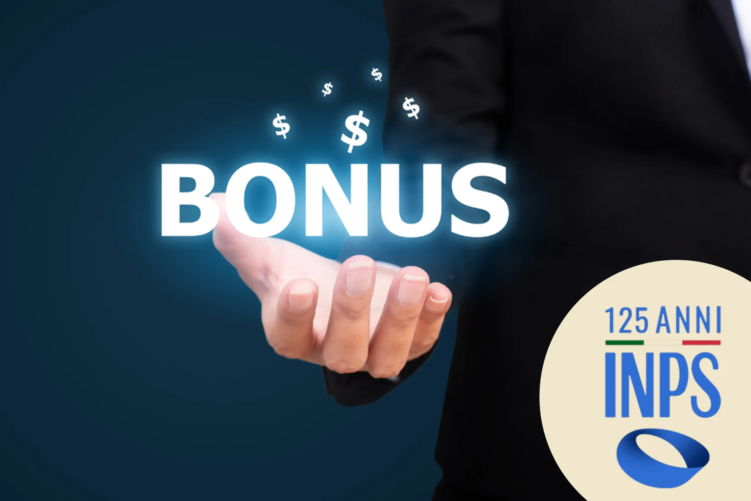 Testo bonus fluttuante sopra una mano con il logo del 125° anniversario dell'INPS