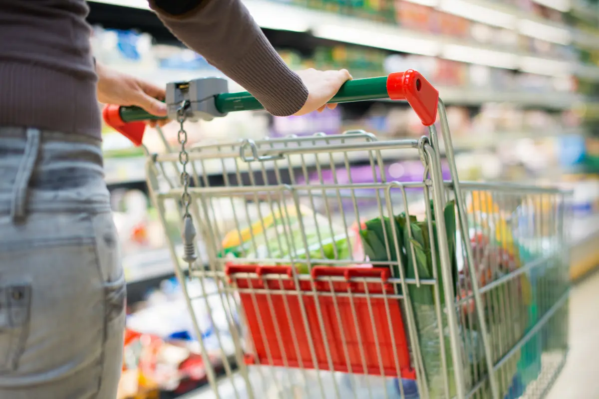 Persona che spinge un carrello della spesa in un supermercato