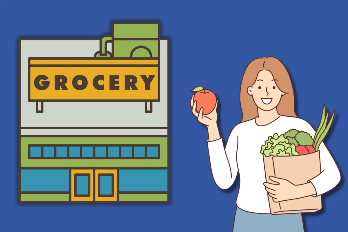 Illustrazione di un negozio di alimentari e una donna con la spesa