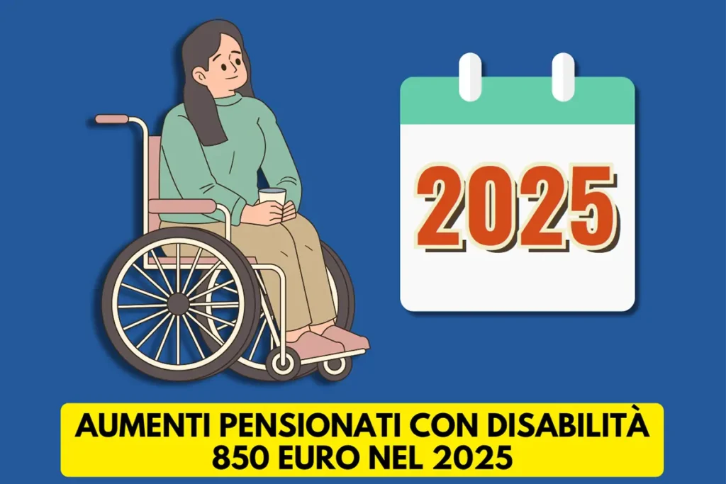 Illustrazione di pensionata con disabilità e calendario 2025 per aumenti pensionati