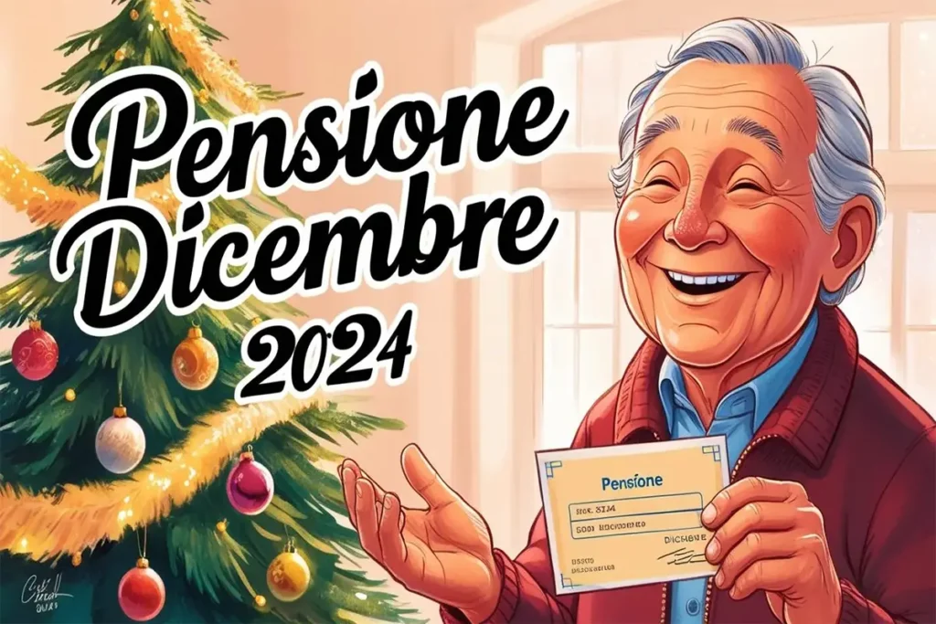Pensione Dicembre 2024 pagamento tredicesima anziano sorridente albero natale