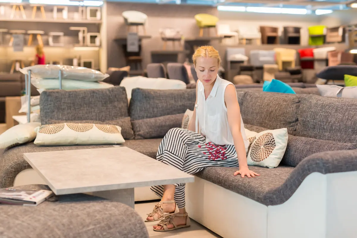 Bonus Mobili 2025: donna che prova un divano moderno in showroom di arredamento